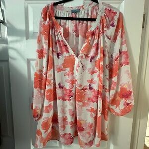 Bleu Blanc Coral Floral Blouse – Size 3X – Lightweight Flowy Top